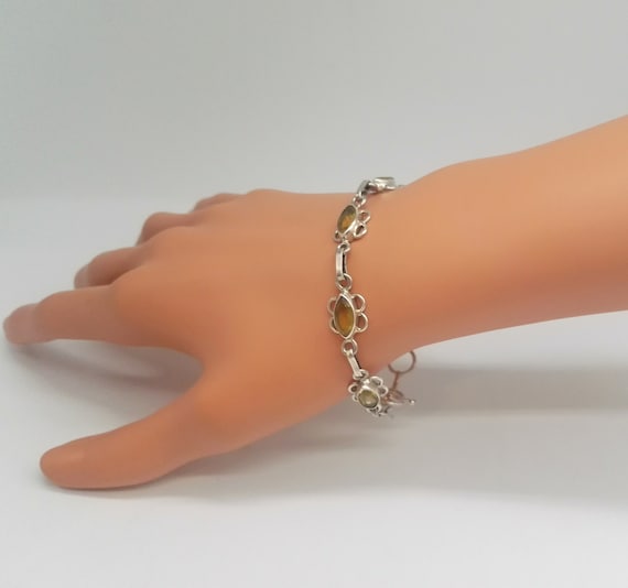 Victorian Bracelet Faceted Citrines in a Pretty Silver Floral Links Albert T Bar Clasp November Birthday Gift 13th Wedding Anniversary