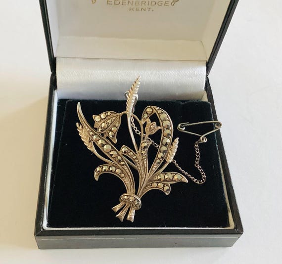 Vintage Sterling Silver Marcasite Flower Wheat Leaf Brooch - Sparkly Statement C1940