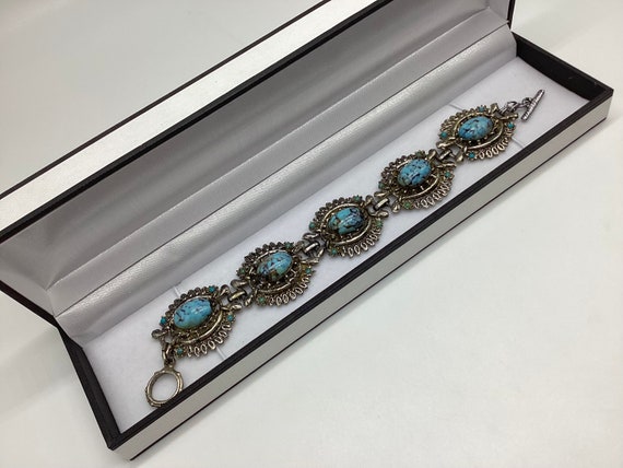 Czech Peking Glass Panel Bracelet Vintage Art Deco 1930s Jewellery Silver Tone