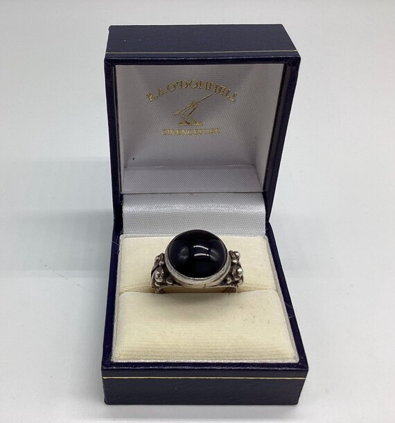 51st Birthday Onyx Solid Silver Ring Hallmarked 1974 Impressive Scroll Frame Gemstone Ring Unisex UK Size Q 1/2 US Size 8 1/4 Boxed as Shown