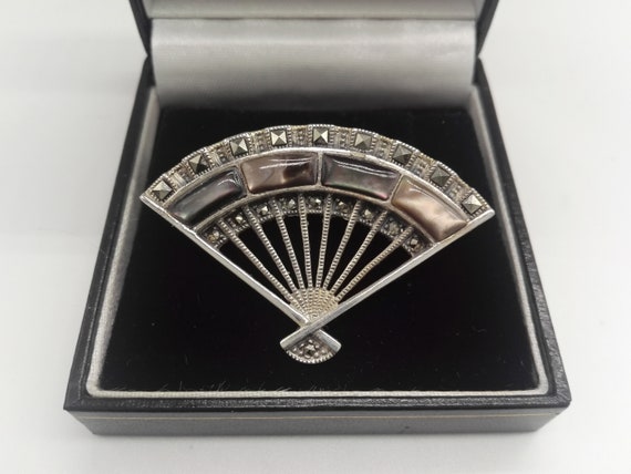 Large Art Deco Fan Brooch Silver Marcasite Mother