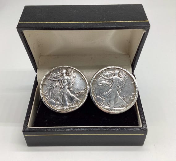 US 1941 Walking Liberty Cuff Links Half Dollar 90% Silver Coins in Sterling Silver Vintage Setting