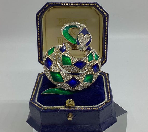 Attwood and Sawyer Rare Blue & Green Enamel Coiled Snake Brooch 22ct Gold Swarovski Crystal
