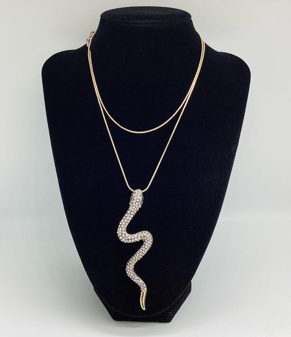 Long Crystal Set Snake Pendant and Chain Emerald Glass Eyes