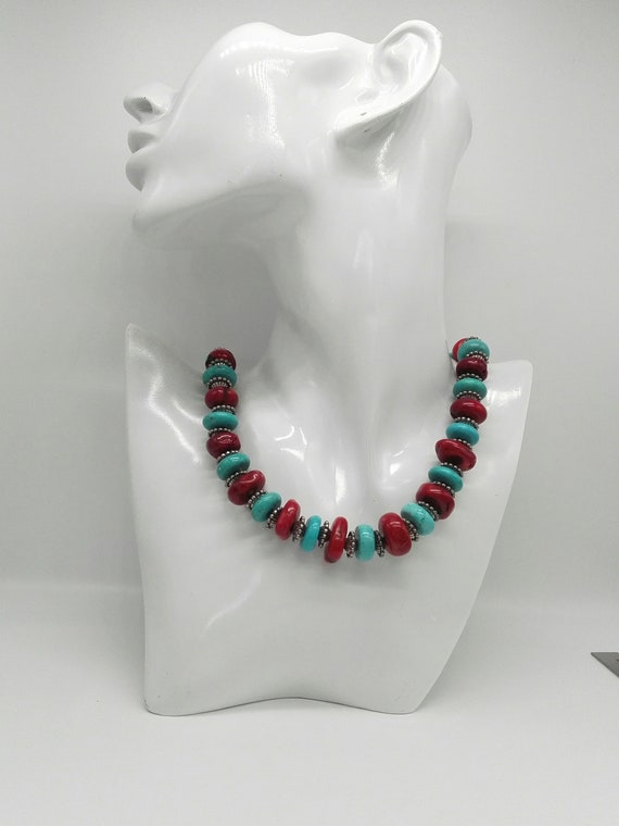 Natural Red Coral and Turquoise Roundel Bead Necklace - Vintage