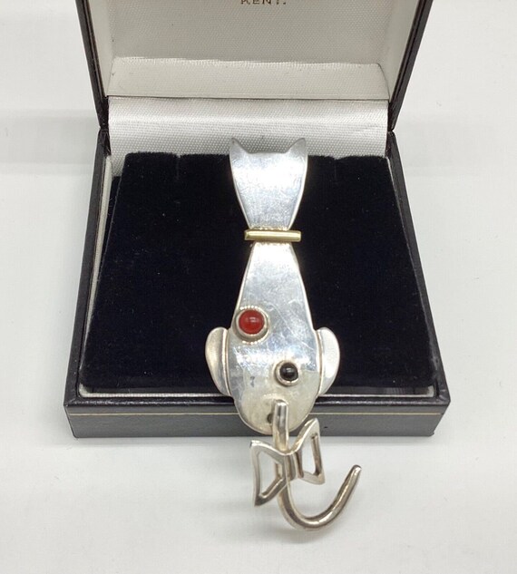 Mexican 925 Solid Silver Cat Brooch Gem Set Wagging Tail Designer Signed Unisex Dated