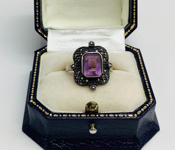 Large Edwardian Lavender Purple Amethyst and Marcasite Solid Silver Antique Ring