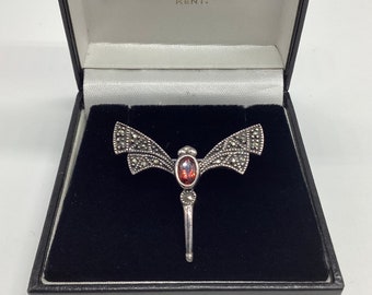 Vintage Marcasite Solid Silver Garnet Brooch Dragonfly Art Nouveau Style January Birthstone Birthday 2nd wedding Anniversary