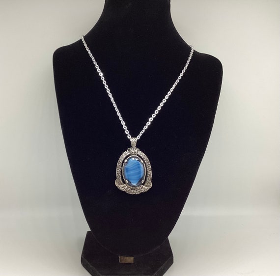 Signed Miracle Pendant and Chain Deep Blue Glass Agate Large Single Stone Pewter
