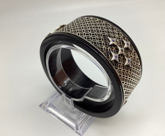 Vintage Hard Plastic And Silver Mesh Deep Bangle Goth Art Deco Rare Crystals