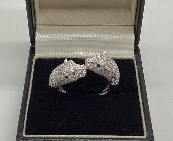 Double Leopard Head Solid Silver Pave Set Crystal Ring Emerald Eyes Size R 1/2
