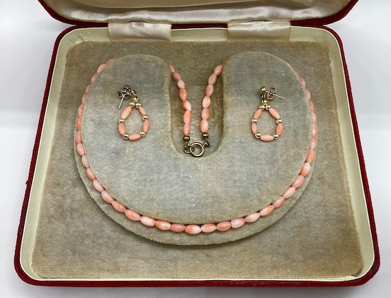 Angel Skin Coral Necklace and Drop Earrings Olive Beads Choker Wedding Bridal Bridesmaid Anniversary Birthday Gift