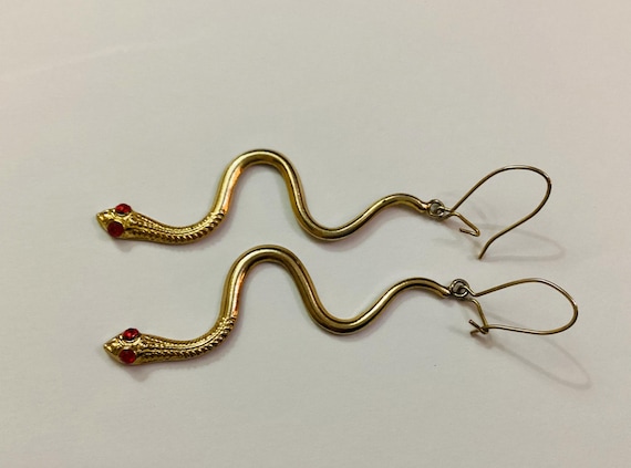 Long Drop Gold Tone Snake Earrings Ruby Red Eyes