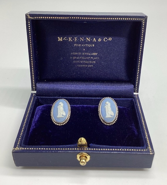 Wedgwood Blue Jasperware Earrings Vintage 1960s Screw Back Hallmarked Silver Andromache Greek