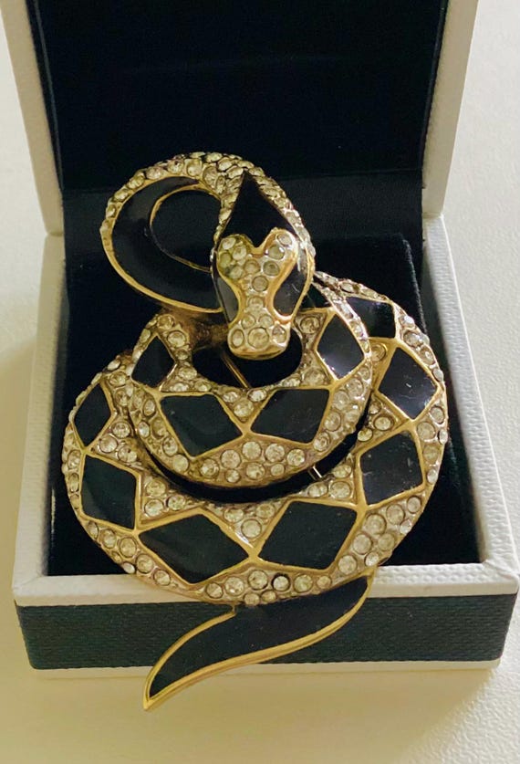 Vintage Attwood & Sawyer Snake Brooch: 22ct Gold Plated, Swarovski Crystal Black Enamel