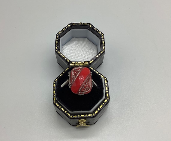 Art Deco Ring Red Carved Czech Glass Solid Silver C 1920 UK Size N Size US 6 1/2
