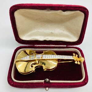 Swarovski Violin Brooch Vintage Crystal 22ct Gold Plated Large