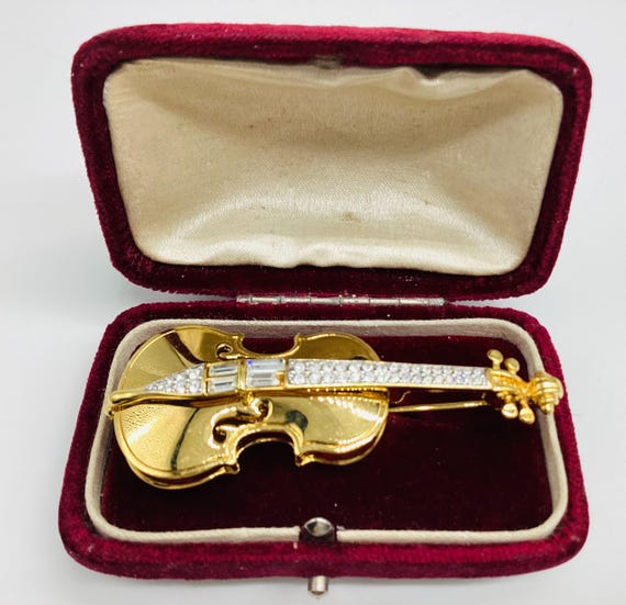 Swarovski Violin Brooch Vintage Crystal 22ct Gold Plated Large Brooch