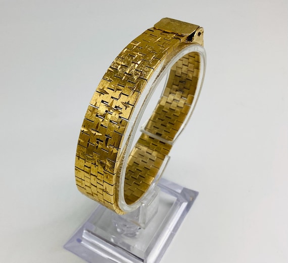 Gold Plated Vintage Bracelet Brutalist Fancy Brick Link Buckle and Clip Clasp