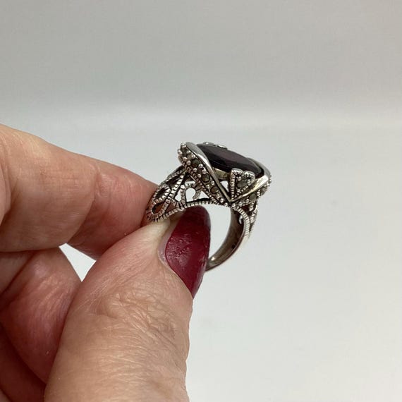 Fabulous Edwardian Amethyst and Marcasite Solid Silver Ring Deep Fancy Setting Hearts Love Romantic Style
