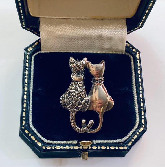 Dainty Silver Cat Brooch Entwined Tails 925 Silver and Marcasite Love Token