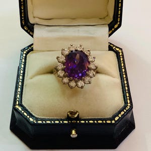 Large Amethyst and White Topaz Daisy Halo Ring Solid Silver