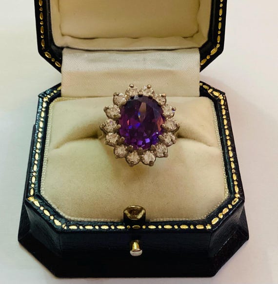 Large Amethyst and White Topaz Daisy Halo Ring Solid Silver