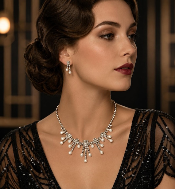 Fabulous Matching Pearl and Rhinestone Fringe Bib Necklace and Earrings