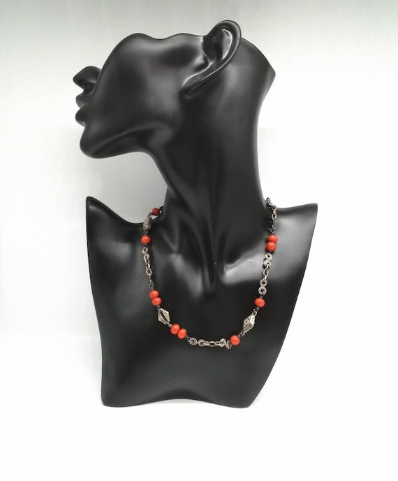 Vintage Ethnic Sterling Silver and Red Coral Bead Choker Necklace 35th Wedding Anniversary