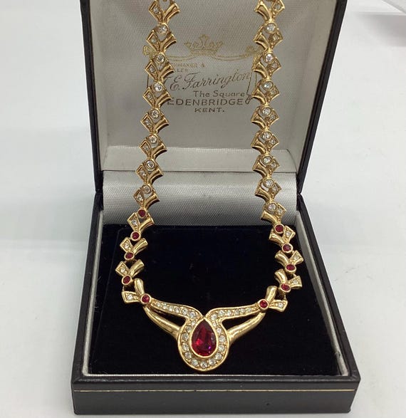 Attwood and Sawyer Necklace Ruby Red Swarovski Crystals 22ct Gold Plated 1970s Vintage Jewellery
