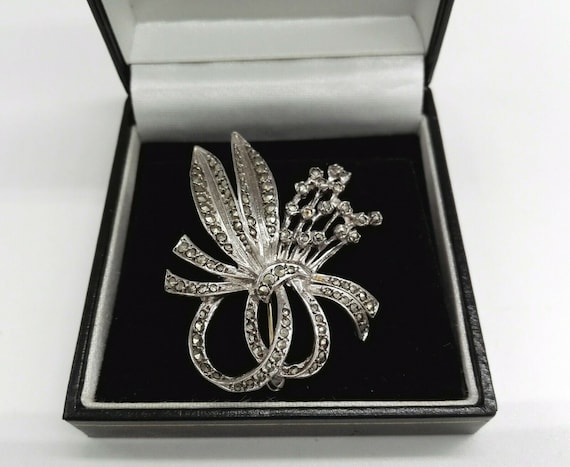 Art Deco Marcasite Floral Spray Brooch Pin Fine Silver Vintage Jewellery