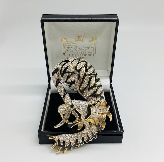 Attwood & Sawyer Tiger Brooch 22ct Gold Plated Swarovski Crystal Black Enamel