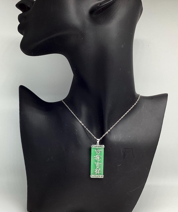 Jade and 925 Silver Pendant and Chain Characters of Love Vintage 1960s