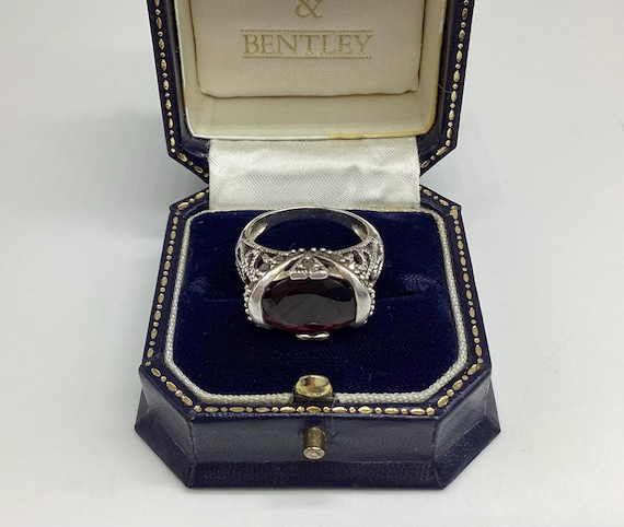 Fabulous Edwardian Amethyst and Marcasite Solid Silver Ring Deep Fancy Setting Hearts Love Romantic Style