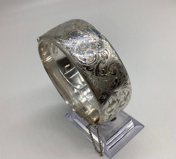 Fabulous Hinged Hallmarked Floral Engraved Deep Bangle 1979 E Lilly and Co Birmingham 40 grams 45th BIRTHDAY ANNIVERSARY