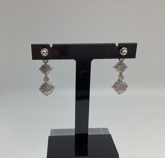 Boucles D'Oreilles Vintage Argenté Strass - 3 Rangs Pendants - Fermoir Clip - Occasion