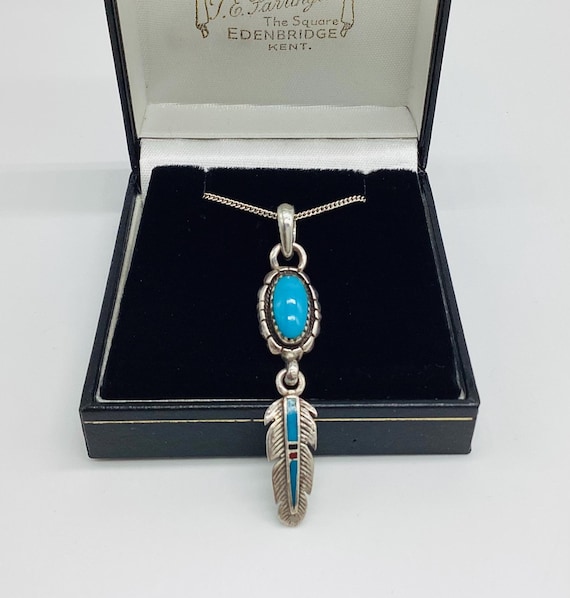 Turquoise Set Sterling Silver Drop with Inlaid Feather Pendant Solid Silver Chain Vintage  December Birthstone