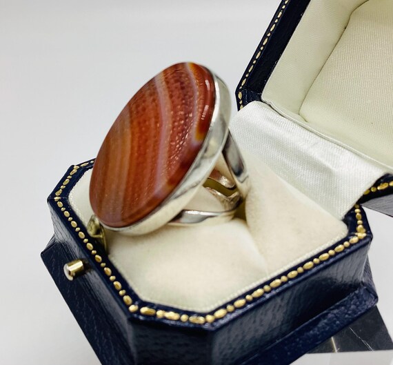 Large Banded Agate Ring C1975 Solid 925 Silver Sp… - image 3