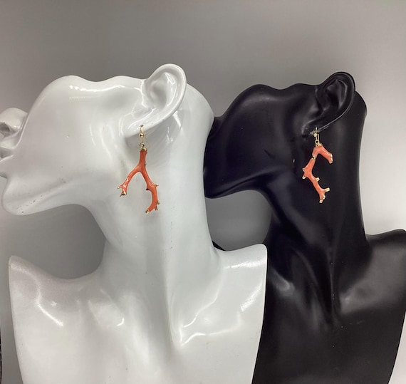 Rare Vintage Salmon Branch Coral Long Drop Earrings Gold Overlay