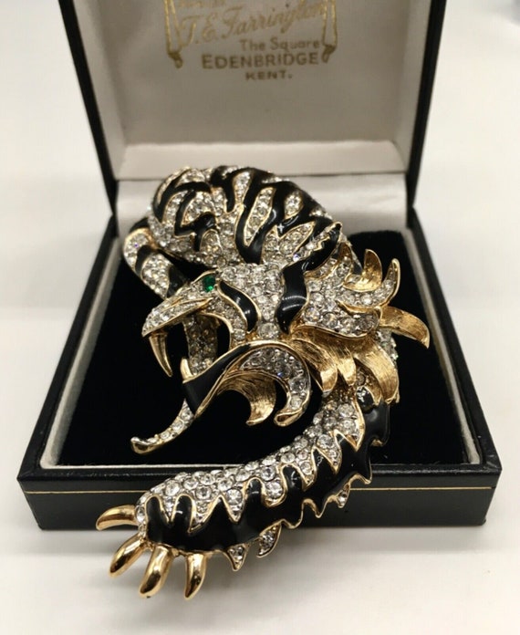 Attwood & Sawyer 22ct Gold Plated Swarovski Crystal Enamel Crouching Tiger Brooch Boxed