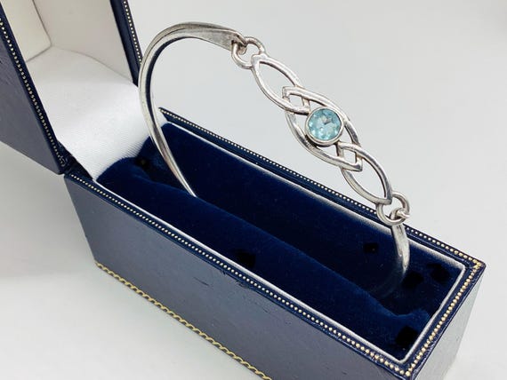 Solid Silver Bangle with Blue Topaz In Celtic Setting Birthday  Anniversary Wedding Jewellery.