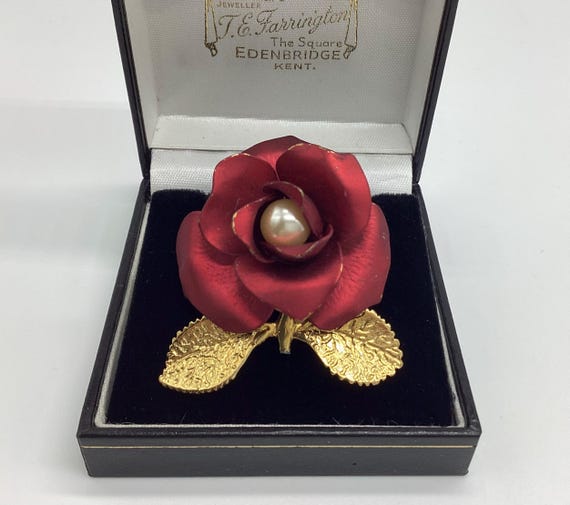 Early 1950s Sarah Coventry Brooch Red Rose and Pearl Signed