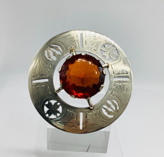 Huge Brooch Tartan Pin Celtic Scottish EPNS Silver Imperial Topaz Glass Thistle Shield 3 inch November Birthday
