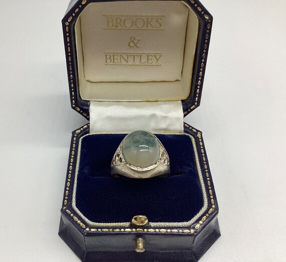 Moss Agate Hallmarked Solid Silver London 1973 Domed Openwork Unisex Size P 1/2