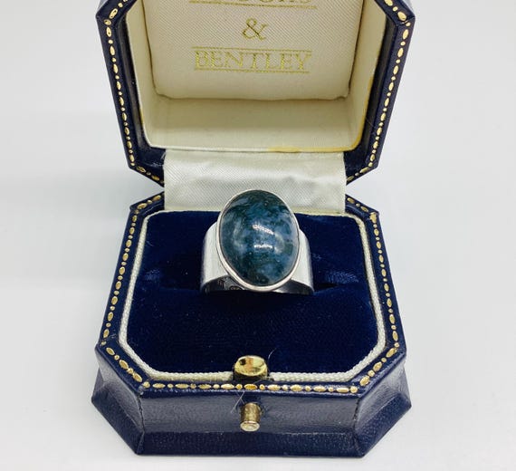 Moss Agate Hallmarked for 1971 Silver Ring Adjustable  Beautiful Unusual Vintage Gemstone Jewellery