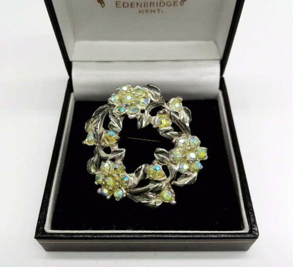 Sea Green Aurora Crystal Floral Circlet Brooch Pin Vintage 1950's Jewellery