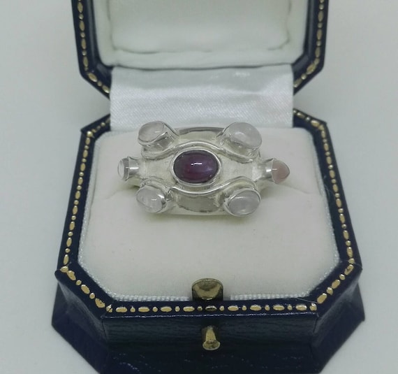 Cabochon Moonstones and Amethyst Modernist Studio Designed Silver Ring February Birthstone