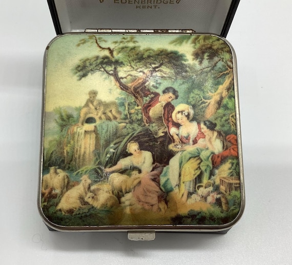 Dainty 1930s Compact and Case Enamel Pastoral Scene Shepherdess Vanity Item