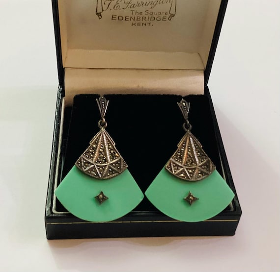 Art Deco True Vintage Fan Earrings Marcasite Galalith Solid Silver Dangle Drop