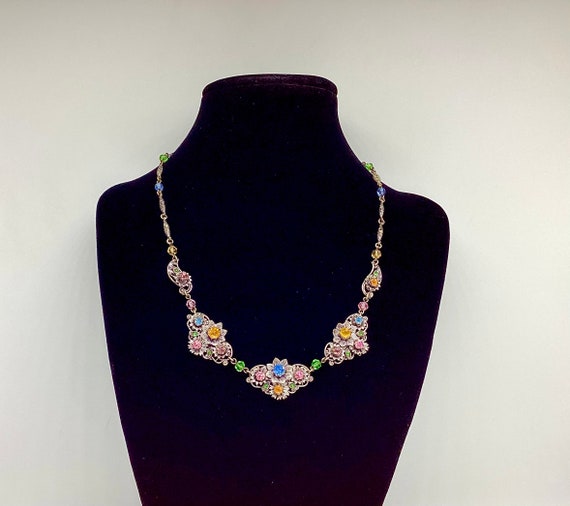 Czech Glass Art Deco Panel Necklace Crystal Flowers Silver Tone Boxed 1930